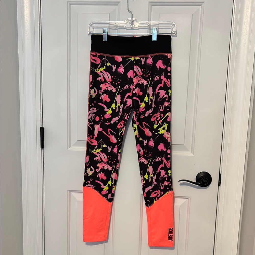 Justice Black and Pink Floral Leggings with Color Block Design